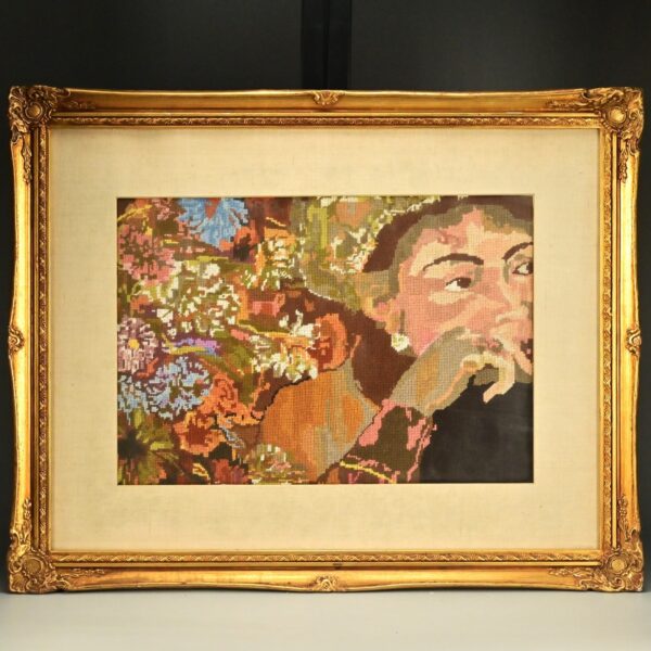 Antique Original Vintage Floral Landscape Figure Portrait Needlepoint Tapestry