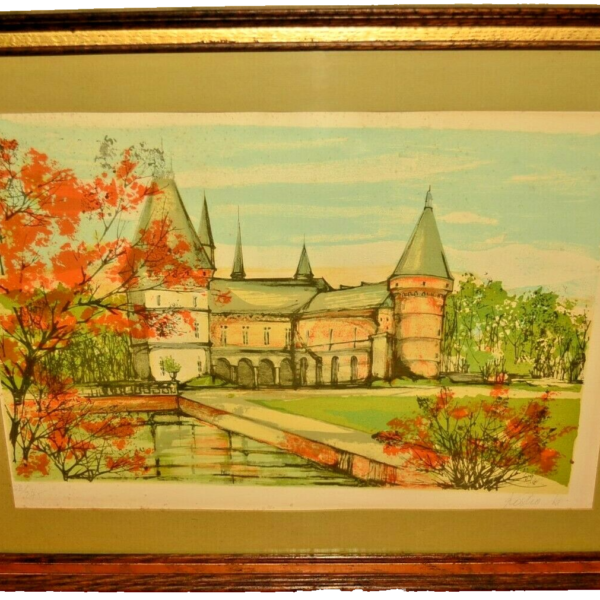 JEAN KOSTIA Original Vintage Signed European Castle Chateau Landscape Lithograph