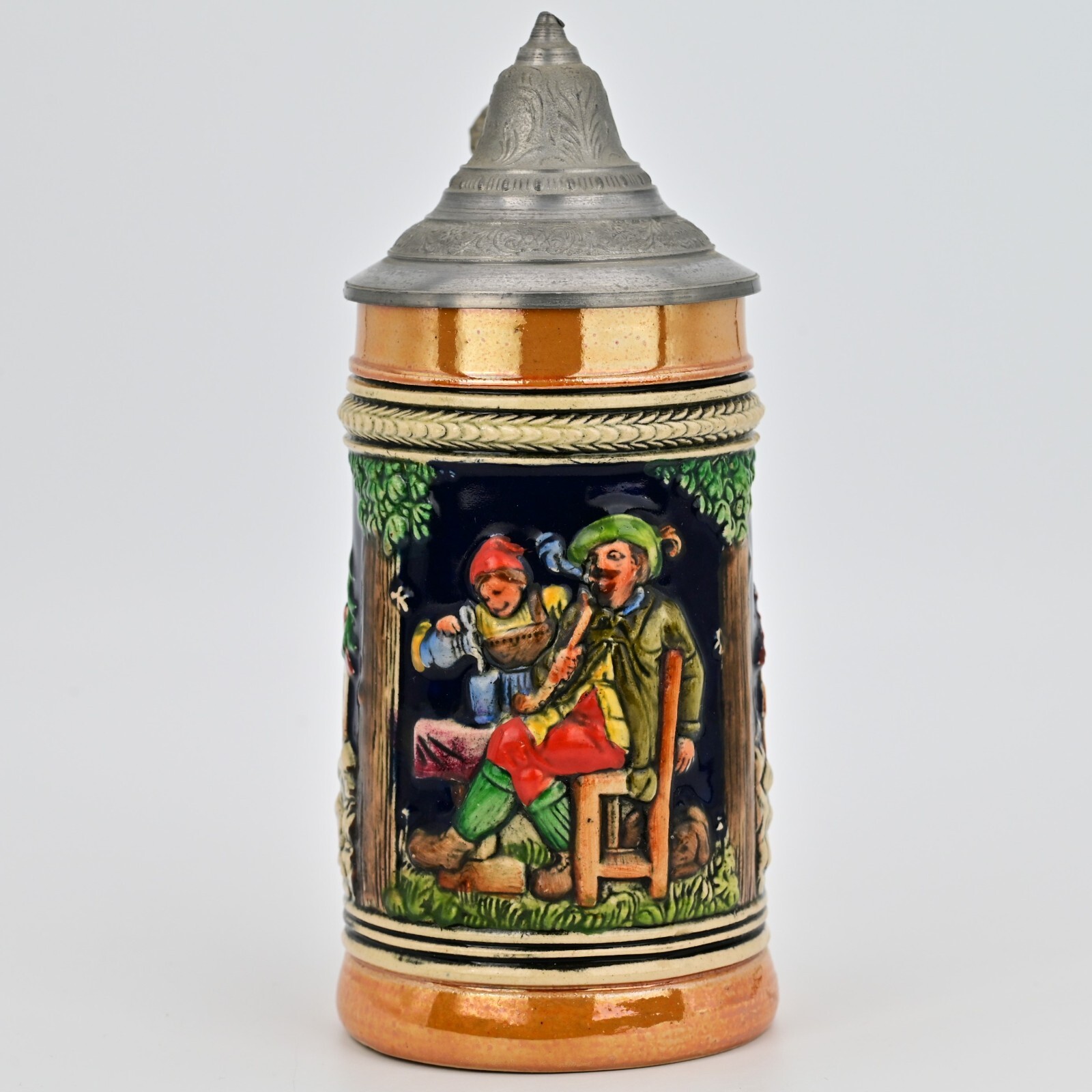 Original Vintage Signed German Ceramic Hand Painted Glazed Pewter Lid Beer Stein