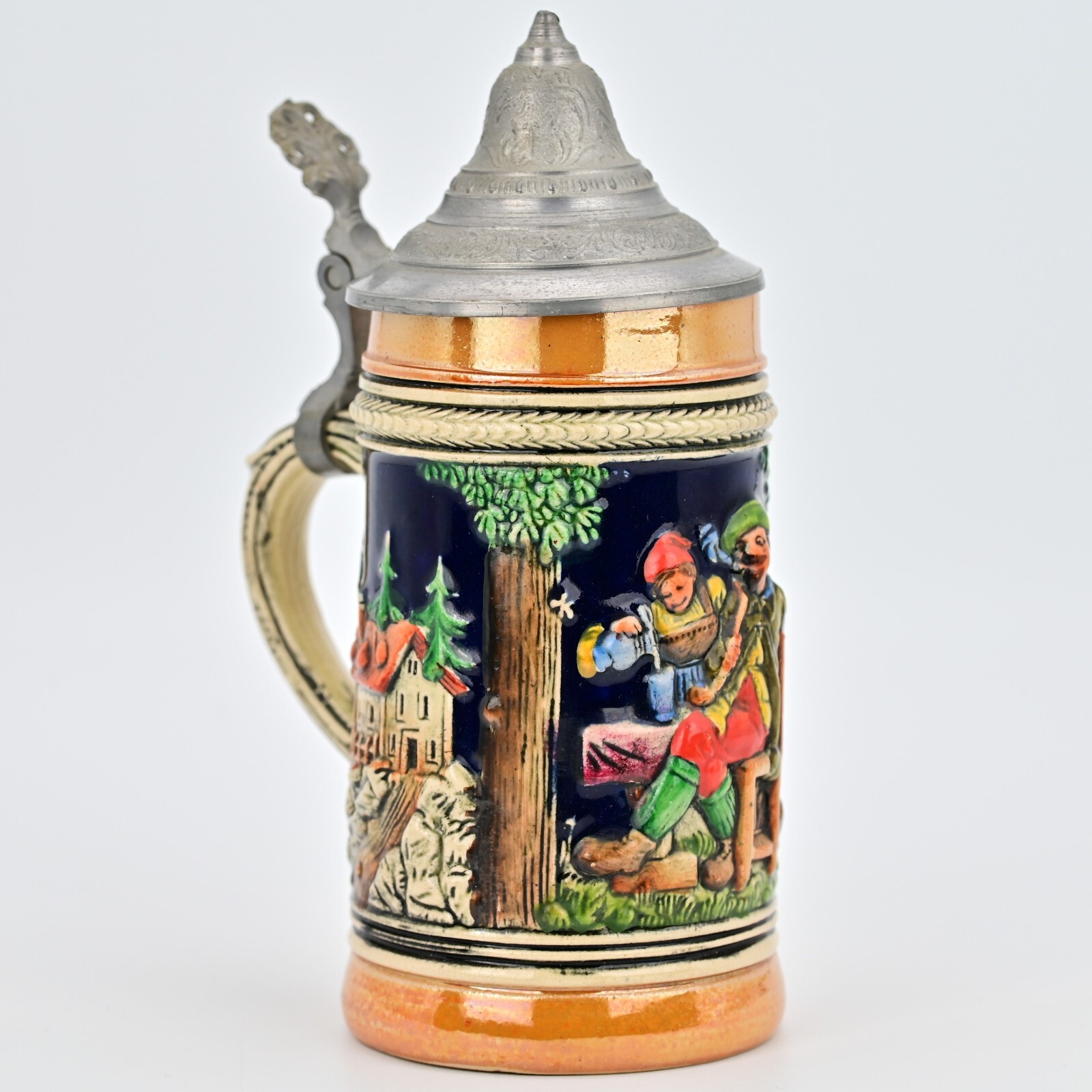 Original Vintage Signed German Ceramic Hand Painted Glazed Pewter Lid Beer Stein