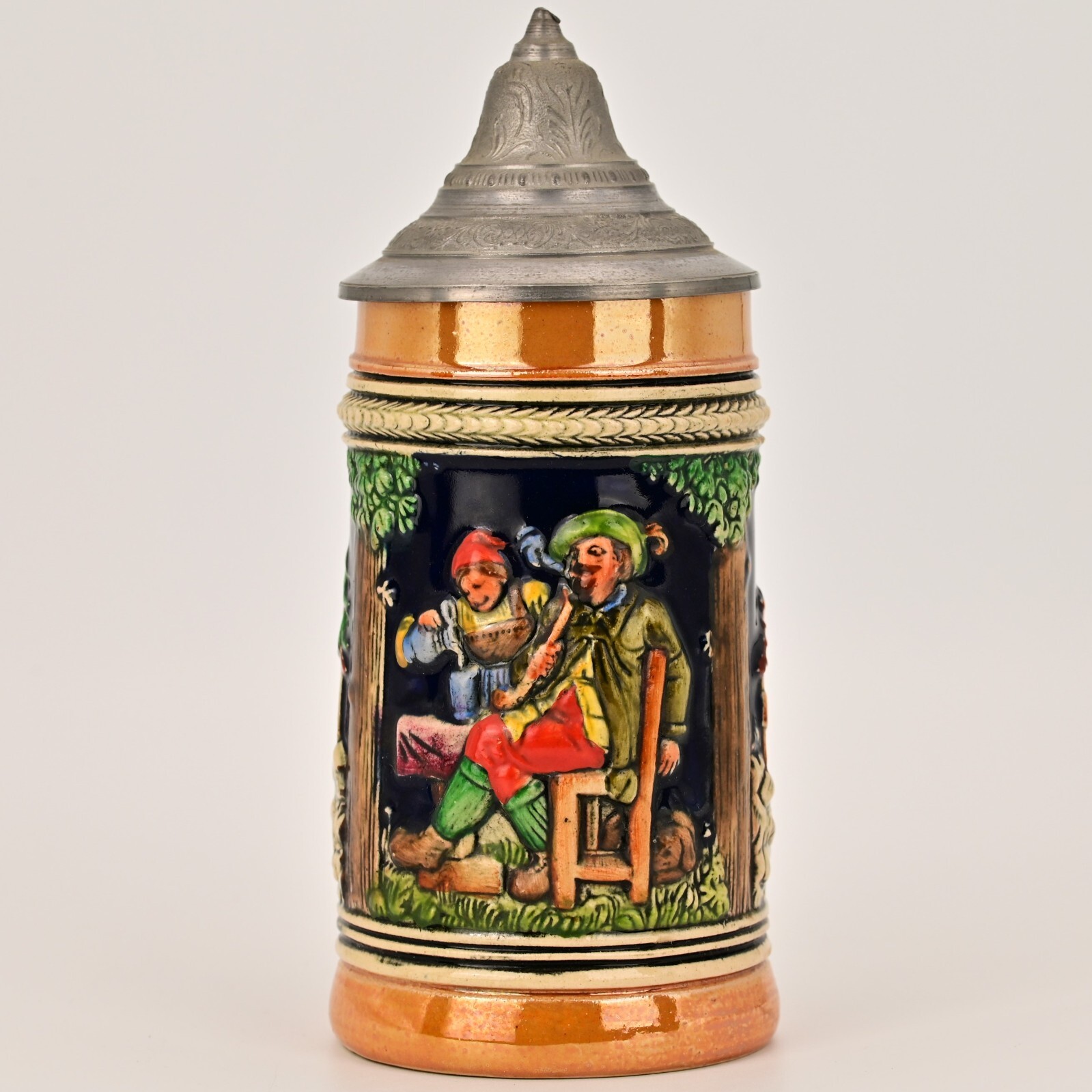 Original Vintage Signed German Ceramic Hand Painted Glazed Pewter Lid Beer Stein