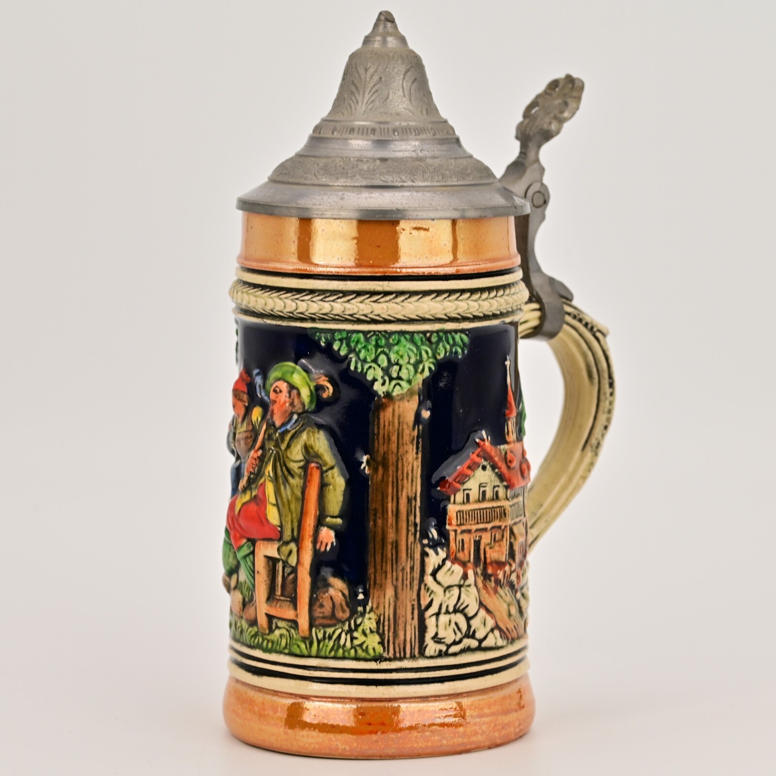 Original Vintage Signed German Ceramic Hand Painted Glazed Pewter Lid Beer Stein