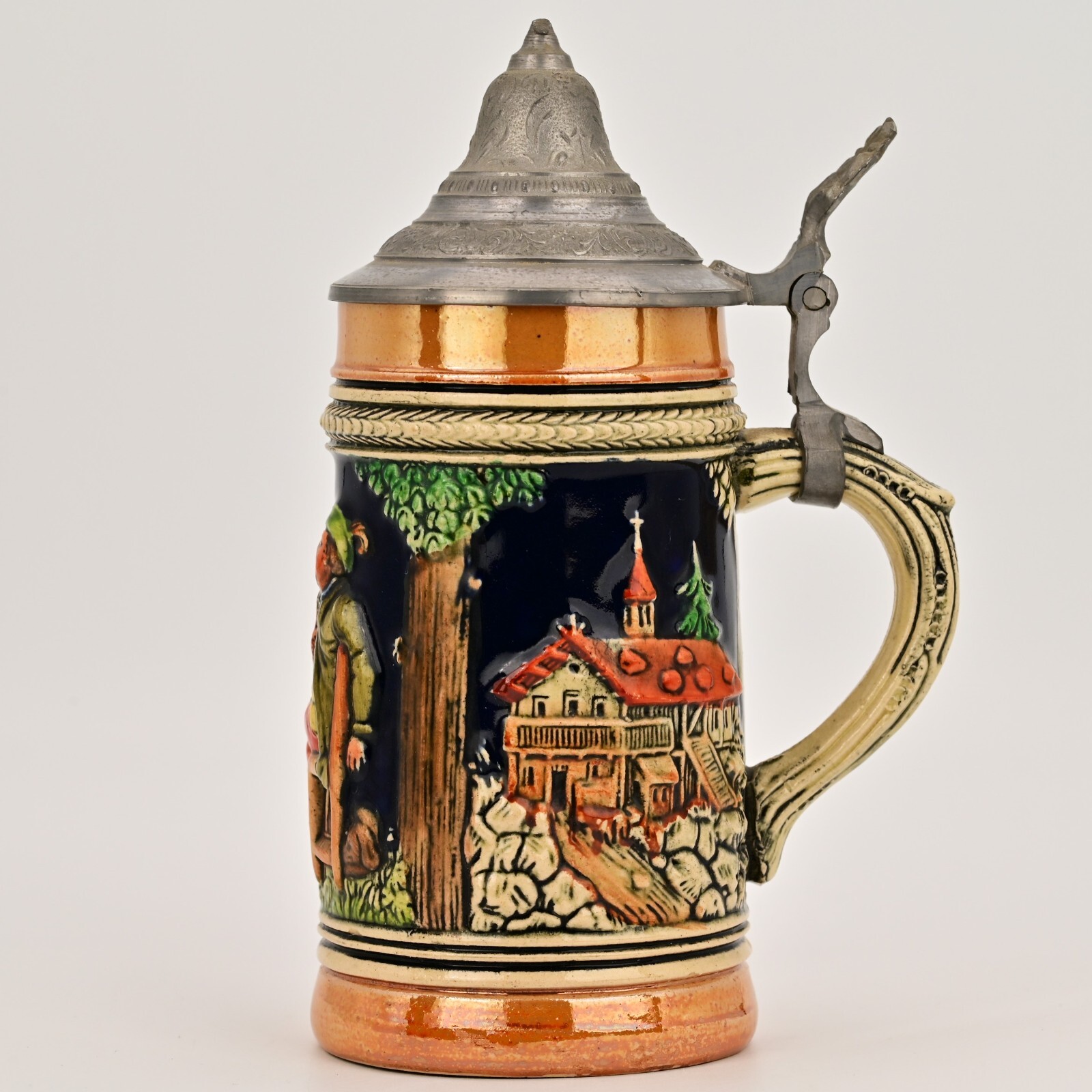 Original Vintage Signed German Ceramic Hand Painted Glazed Pewter Lid Beer Stein