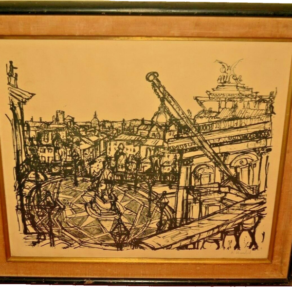 RUDOLF HRADIL Original Vintage Signed Architecture European Cityscape Drawing