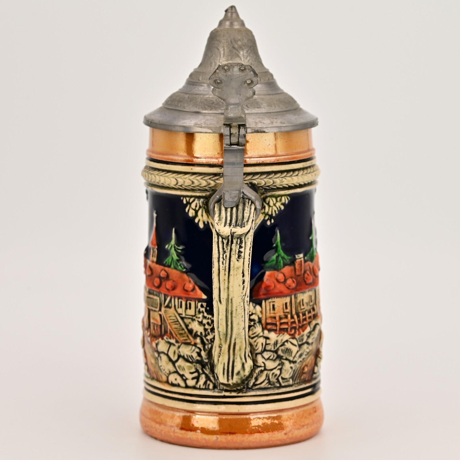 Original Vintage Signed German Ceramic Hand Painted Glazed Pewter Lid Beer Stein