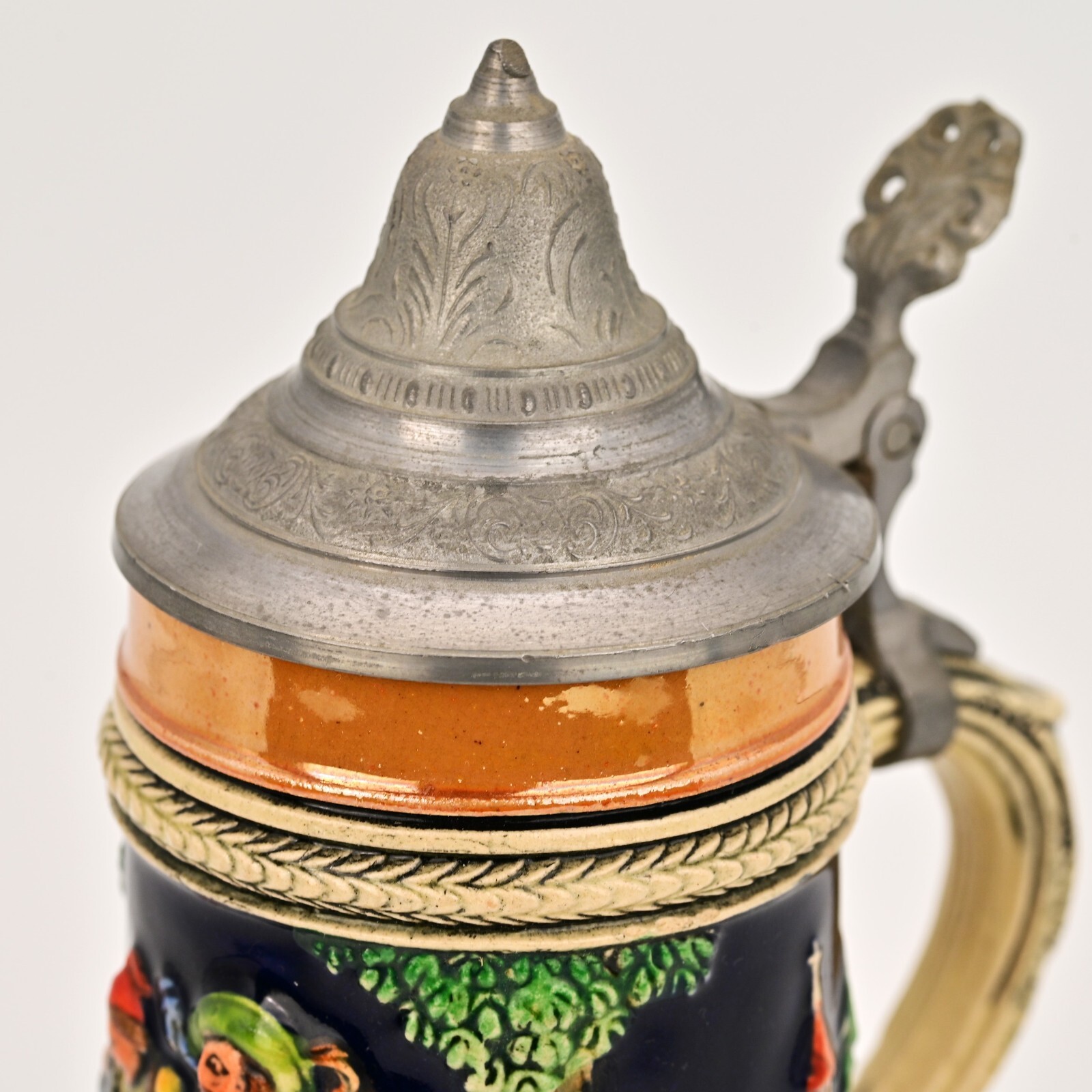 Original Vintage Signed German Ceramic Hand Painted Glazed Pewter Lid Beer Stein
