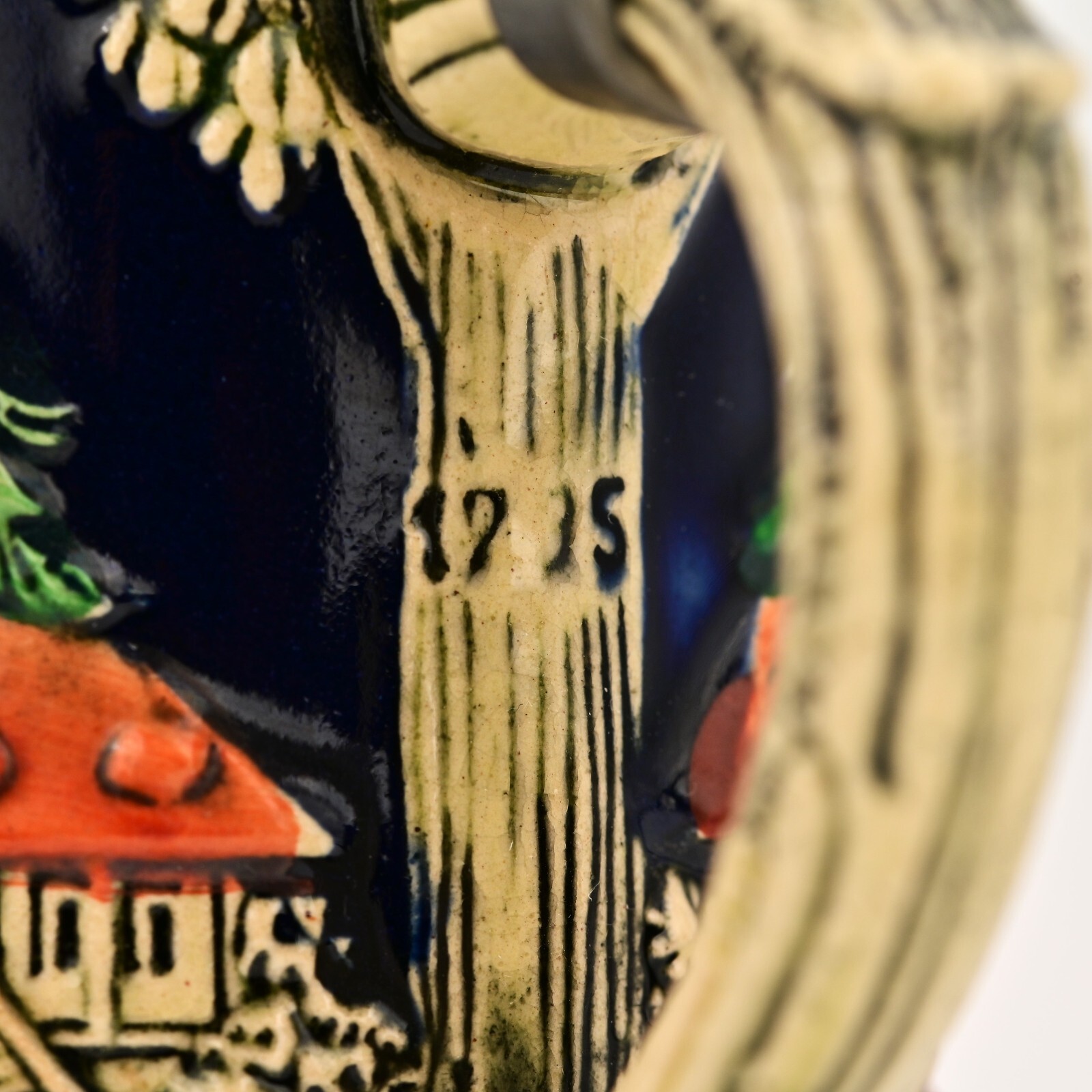 Original Vintage Signed German Ceramic Hand Painted Glazed Pewter Lid Beer Stein