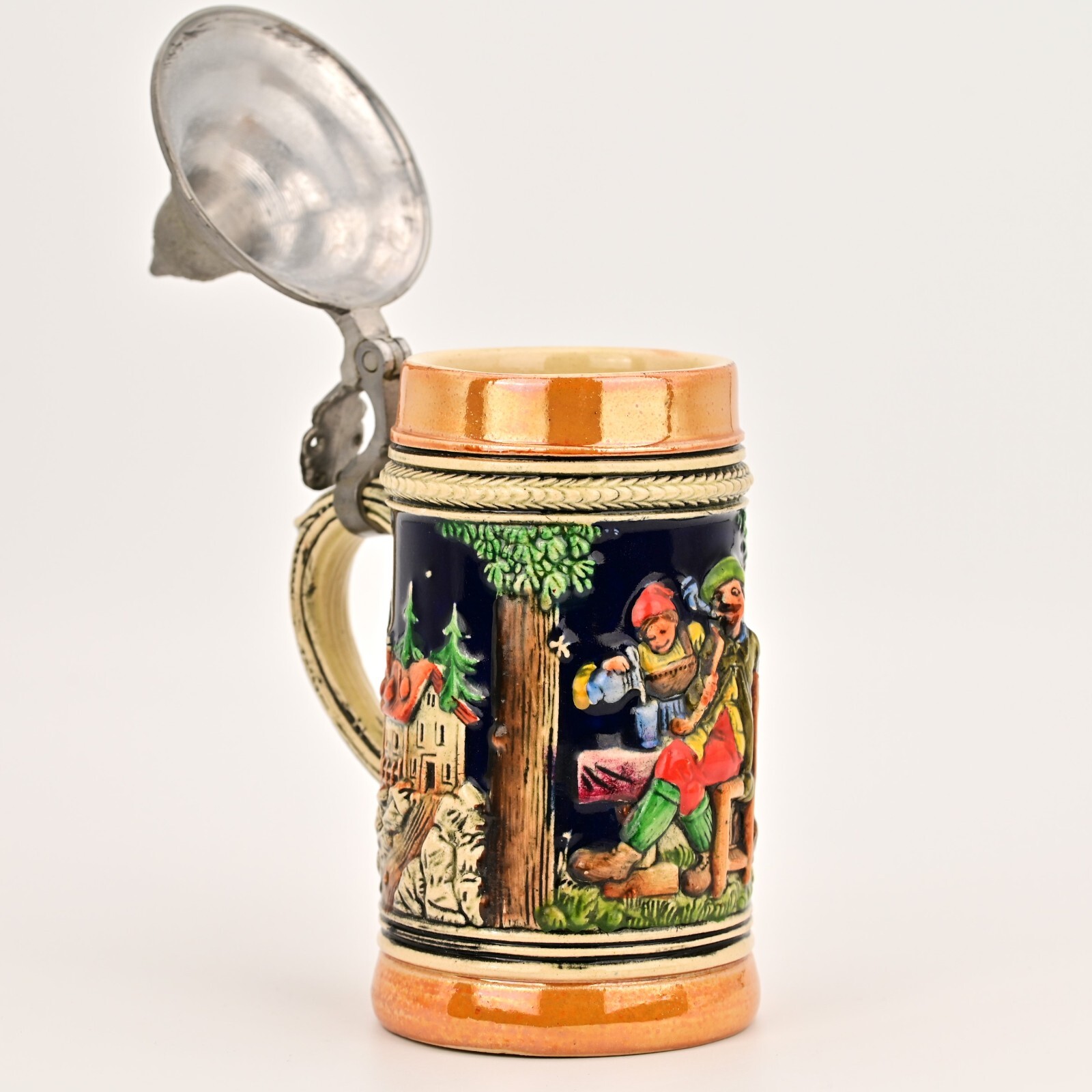 Original Vintage Signed German Ceramic Hand Painted Glazed Pewter Lid Beer Stein