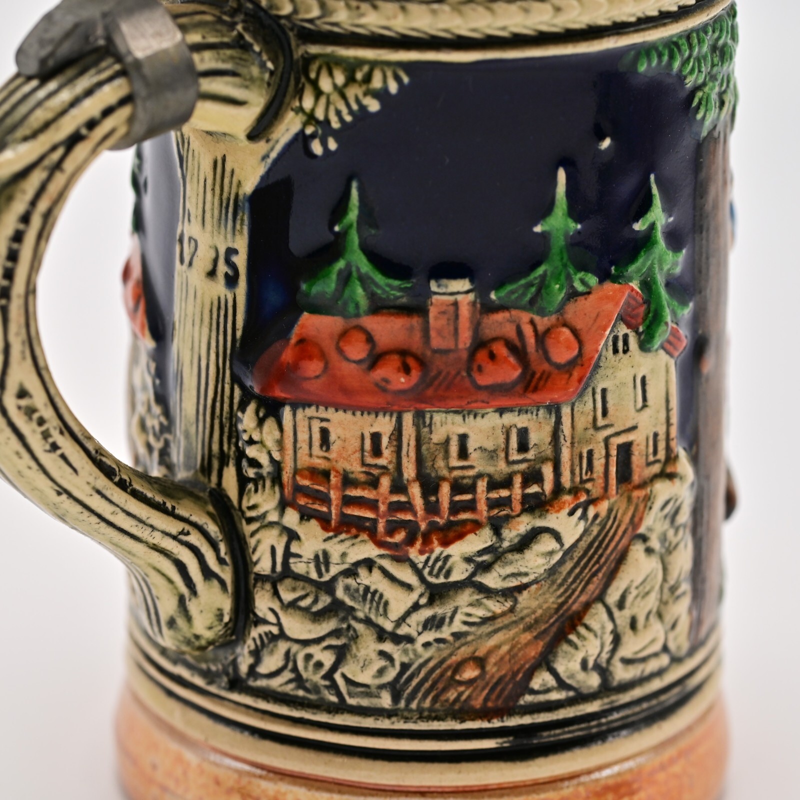 Original Vintage Signed German Ceramic Hand Painted Glazed Pewter Lid Beer Stein