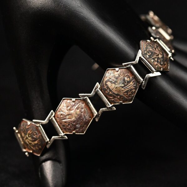 Antique Original Vintage Siam Silver Egyptian Revival Niello Damascene Bracelet