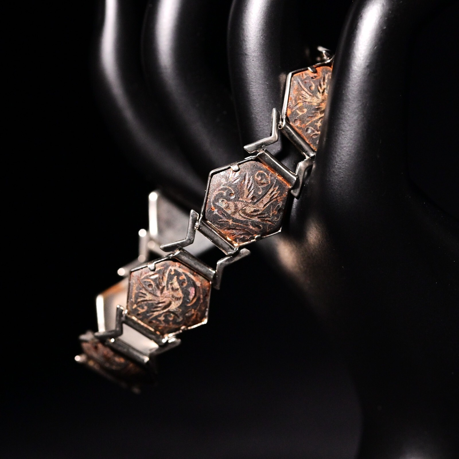 Antique Original Vintage Siam Silver Egyptian Revival Niello Damascene Bracelet