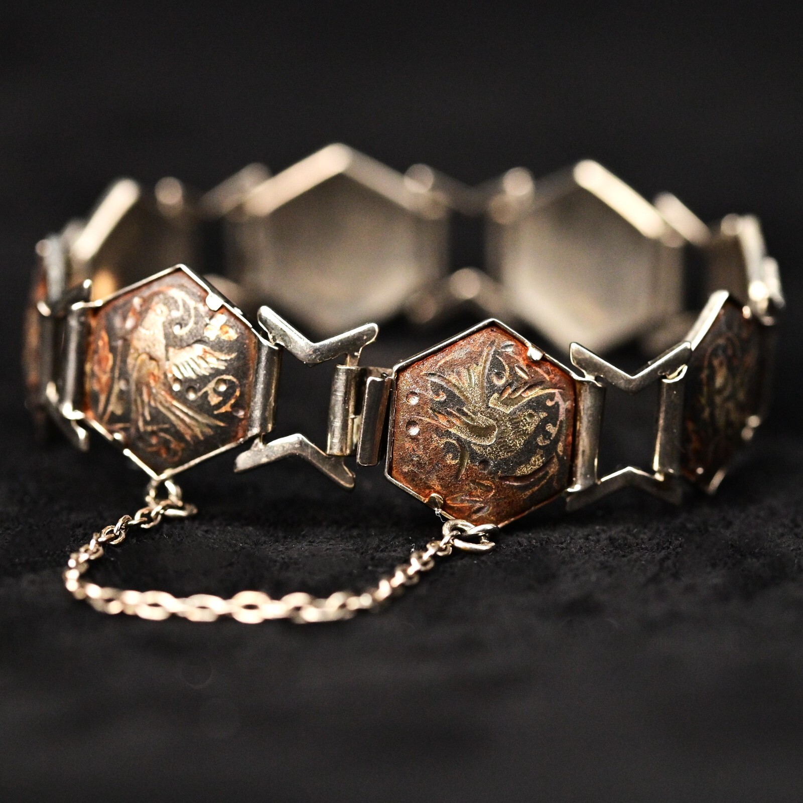 Antique Original Vintage Siam Silver Egyptian Revival Niello Damascene Bracelet