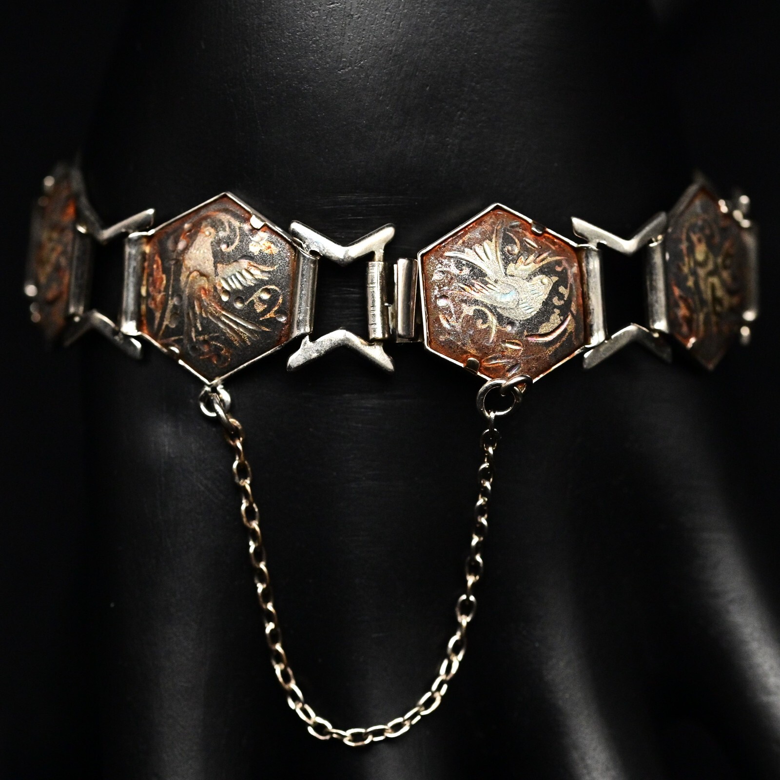 Antique Original Vintage Siam Silver Egyptian Revival Niello Damascene Bracelet