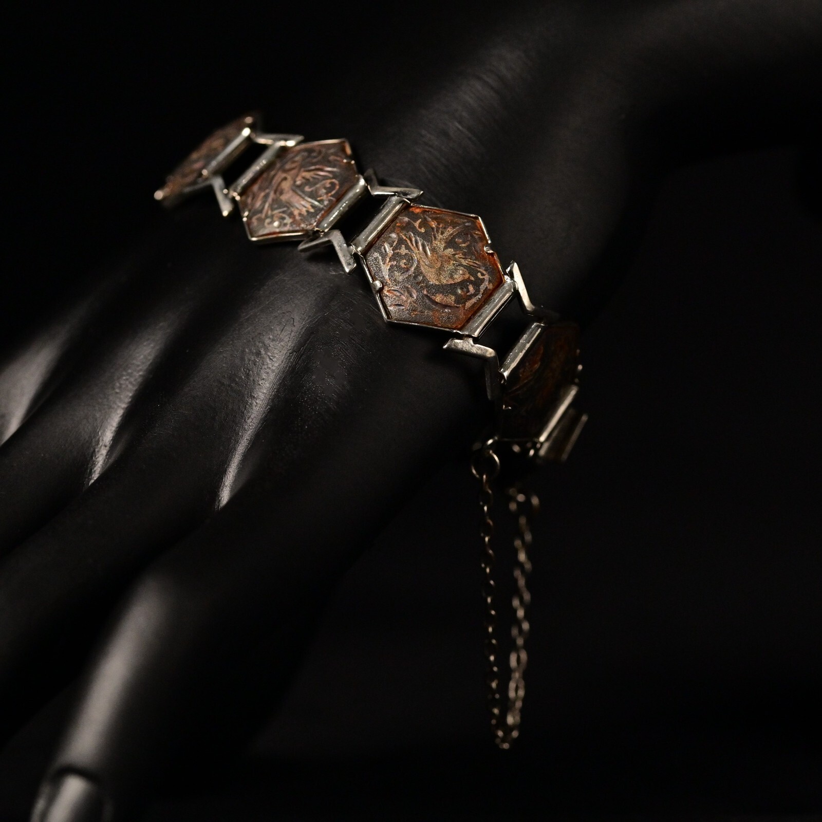 Antique Original Vintage Siam Silver Egyptian Revival Niello Damascene Bracelet