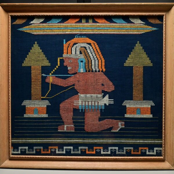 Antique Original Vintage Native American Aztec Bow Hunter Needlepoint Tapestry