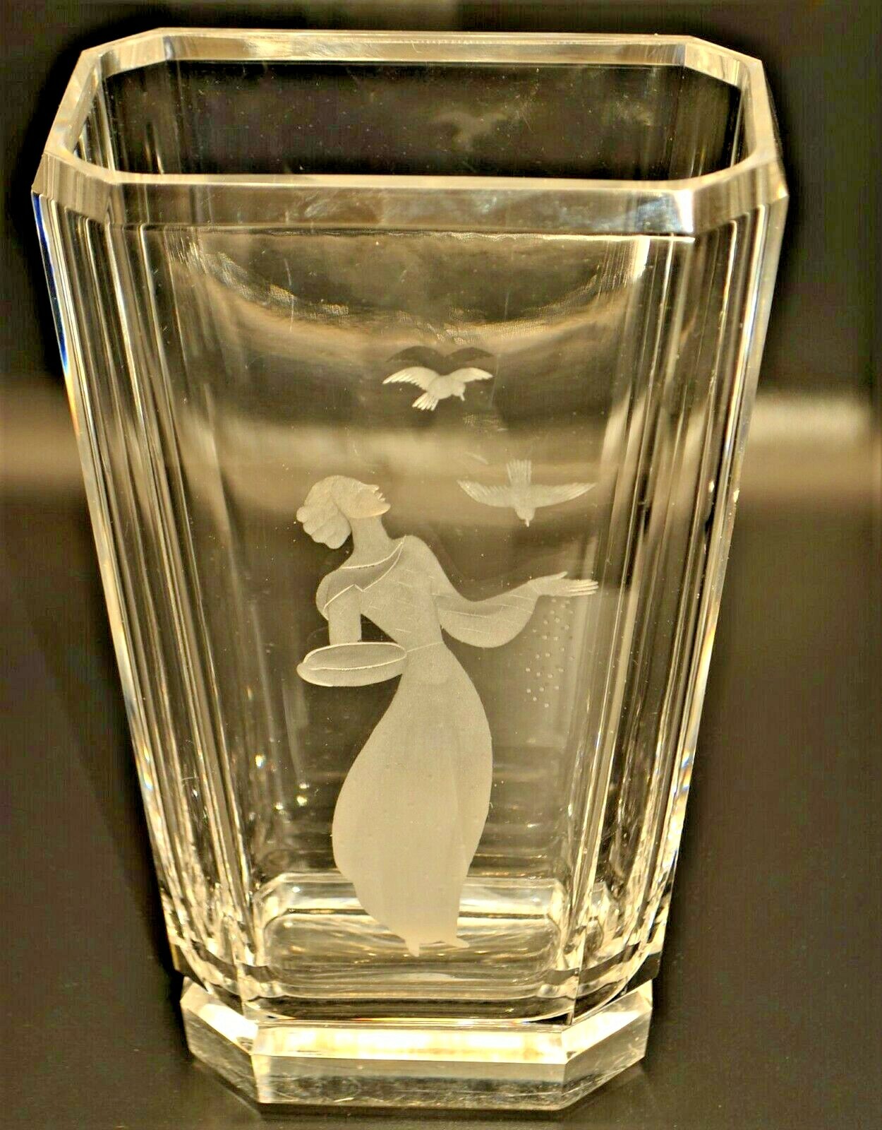 KOSTA BODA Original Vintage Artist Signed Deco Crystal Cut Satin Glass Vase