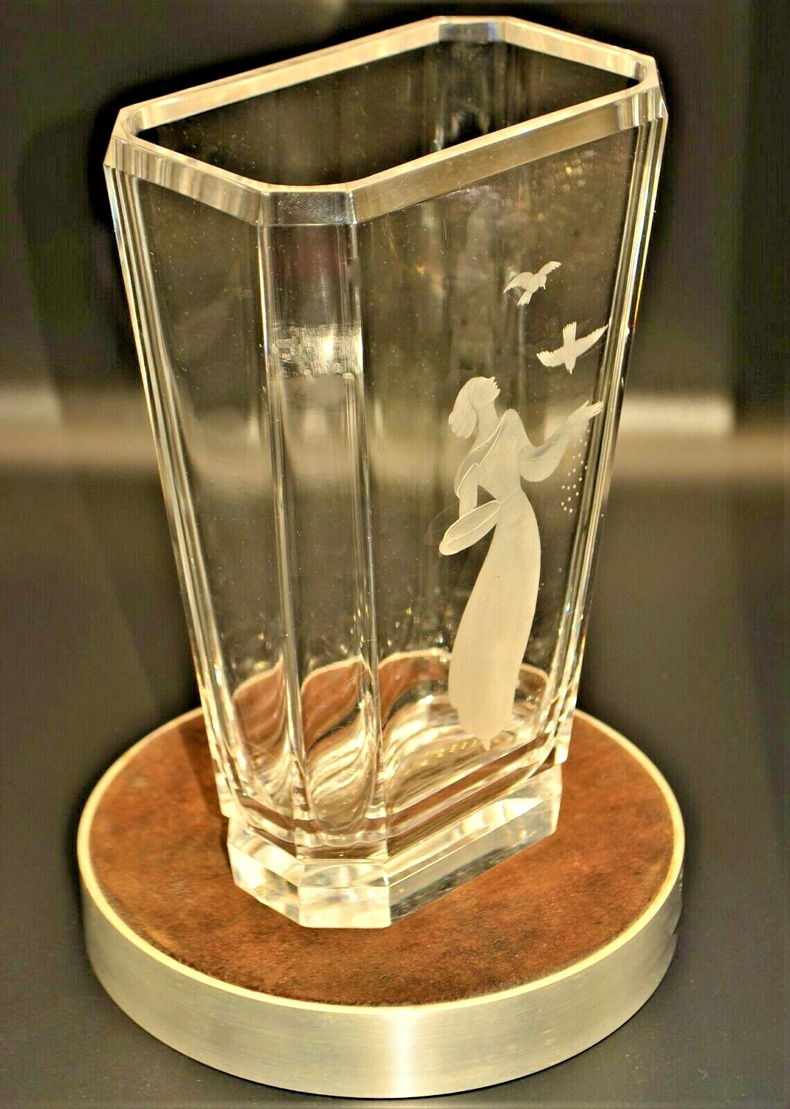 KOSTA BODA Original Vintage Artist Signed Deco Crystal Cut Satin Glass Vase