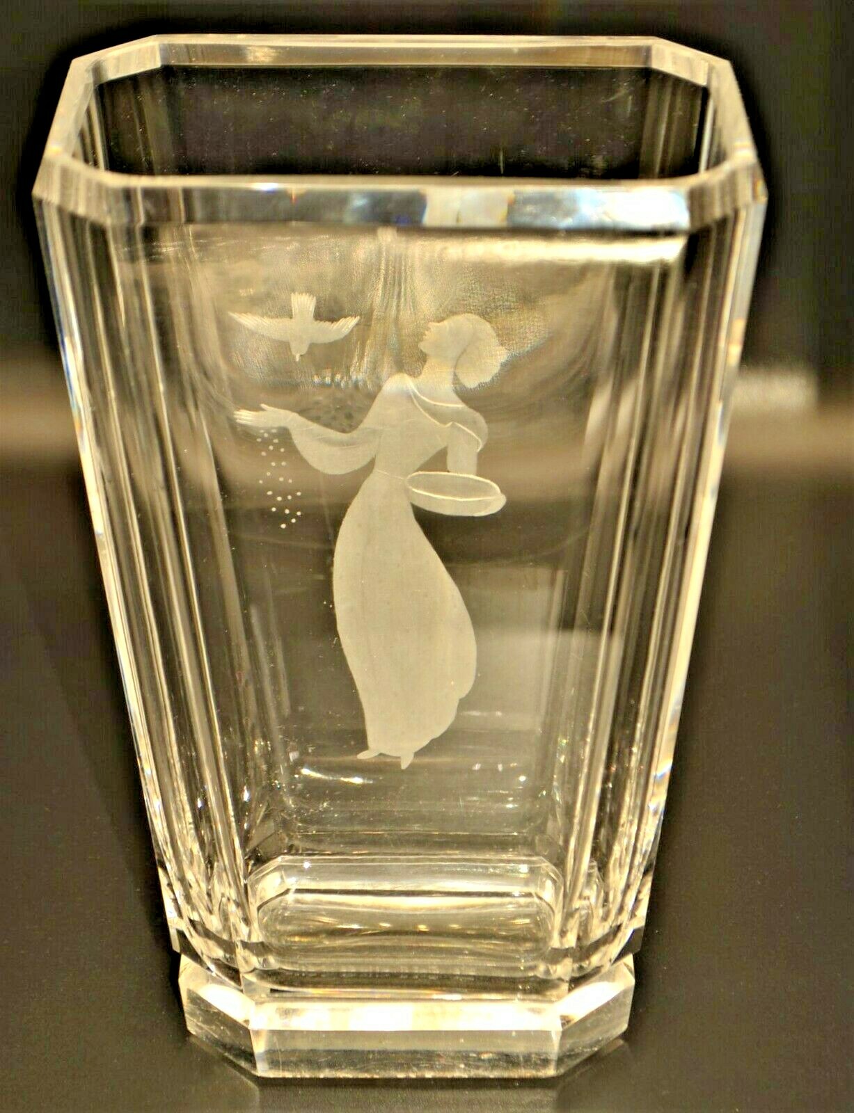 KOSTA BODA Original Vintage Artist Signed Deco Crystal Cut Satin Glass Vase