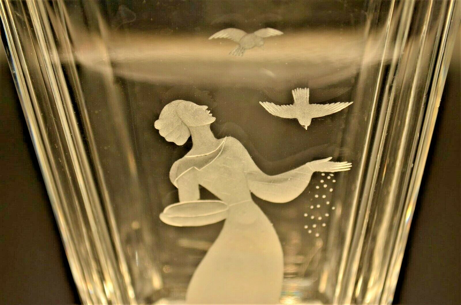 KOSTA BODA Original Vintage Artist Signed Deco Crystal Cut Satin Glass Vase