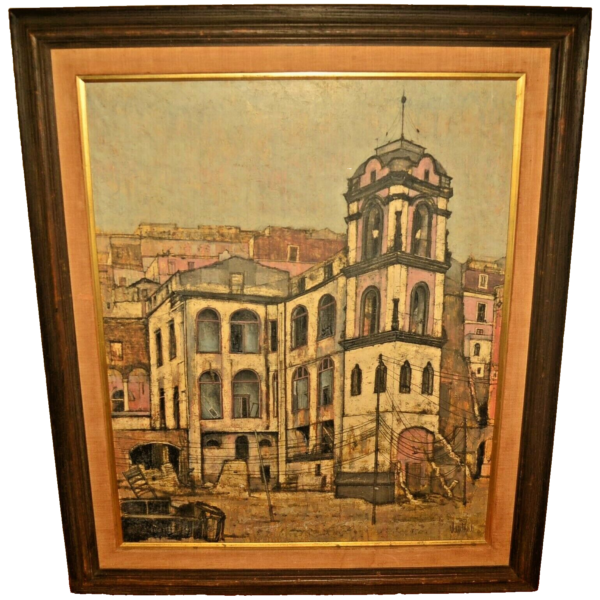 JOHN LENTINE Original Vintage Signed Bell Tower of Gaeta Cityscape Oil Painting