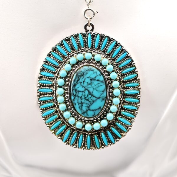 Original Vintage Native Silver Faux Turquoise Gemstone Pendant Estate Necklace