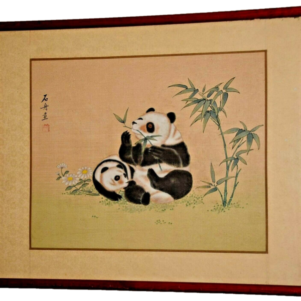 Antique Original Vintage Signed Seal Chinese Panda Bear Silk Watercolor Painting
