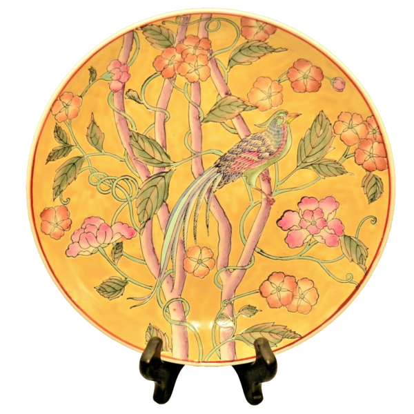 Original Vintage Signed Chinese Macau Hand Painted Enamel Peacock Plate Charger