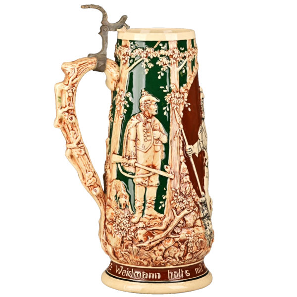 Antique Original Vintage Signed German Ceramic Glazed Figural Hunting Beer Stein