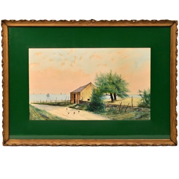 TSCHUSCHKE Original Vintage Signed 19thC House Barn Seascape Watercolor Painting