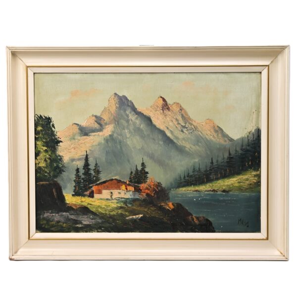 MELLIN Original Vintage Signed Barbizon Mountain Lake House Landscape Painting