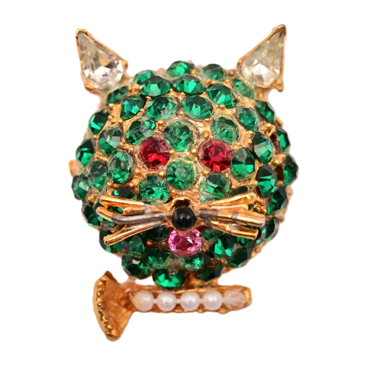 Original Vintage Signed Multi Rhinestone Faux Pearl Estate Cat Kitten Brooch Pin