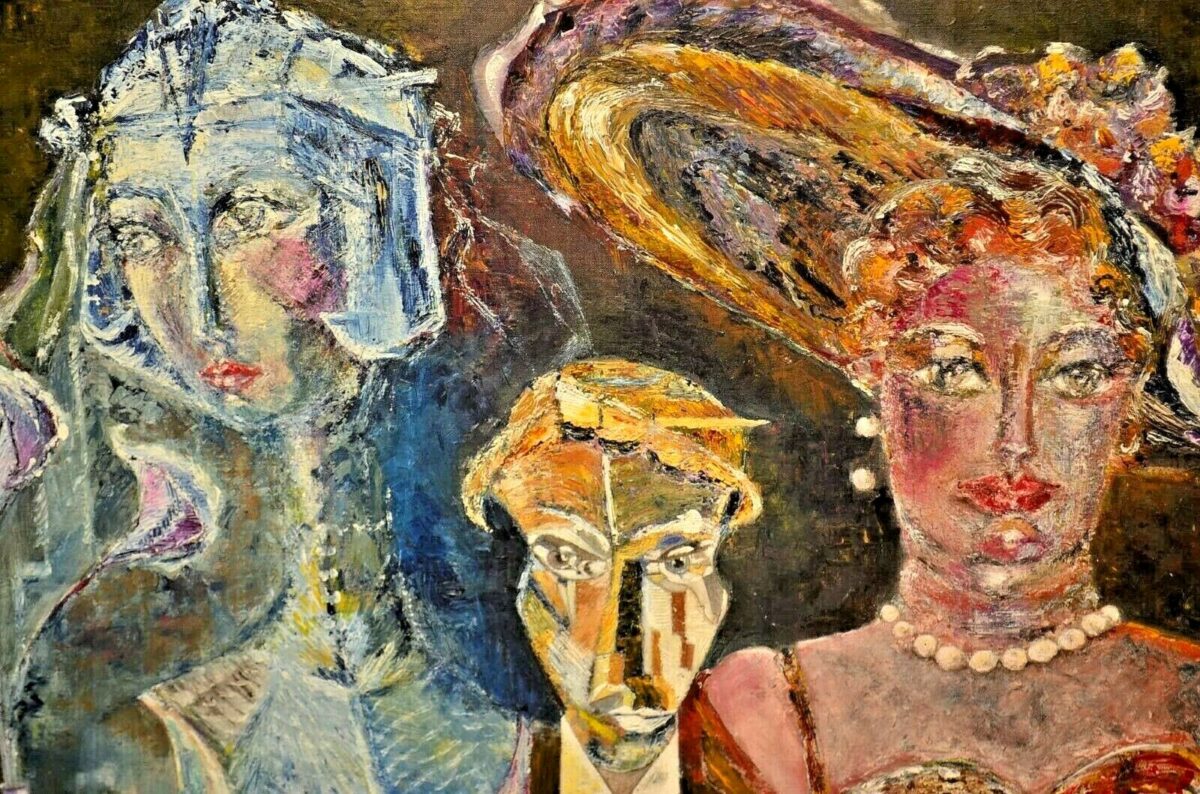 CHANTAL MARCETEAU Original Vintage Signed Figurative Triple Portrait Painting
