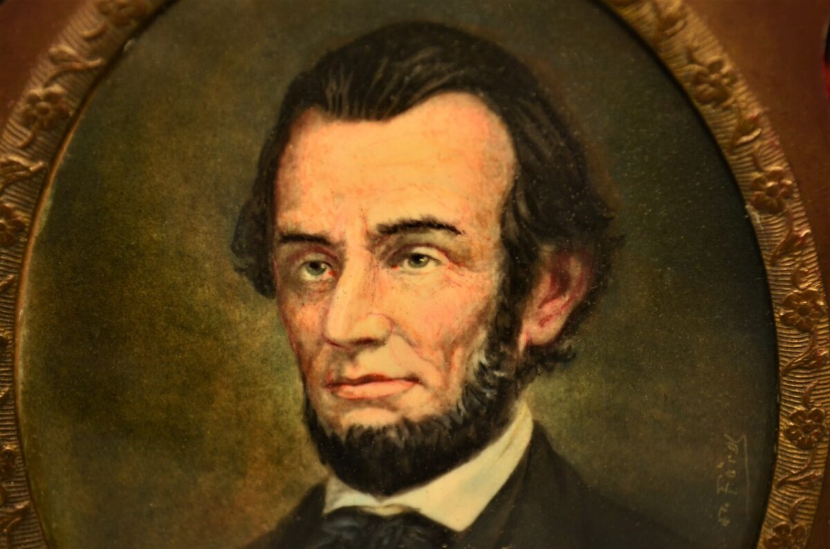 ABRAHAM LINCOLN Antique Original Signed Boulle Inlay Miniature Portrait Painting