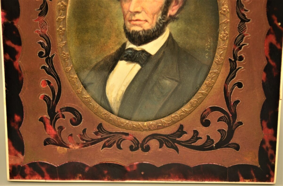 ABRAHAM LINCOLN Antique Original Signed Boulle Inlay Miniature Portrait Painting