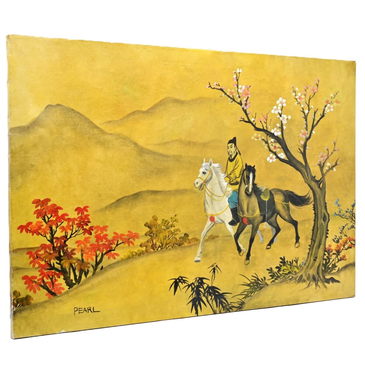 PEARL Original Vintage Signed Chinese Feng Shui Figure Horse Landscape Painting