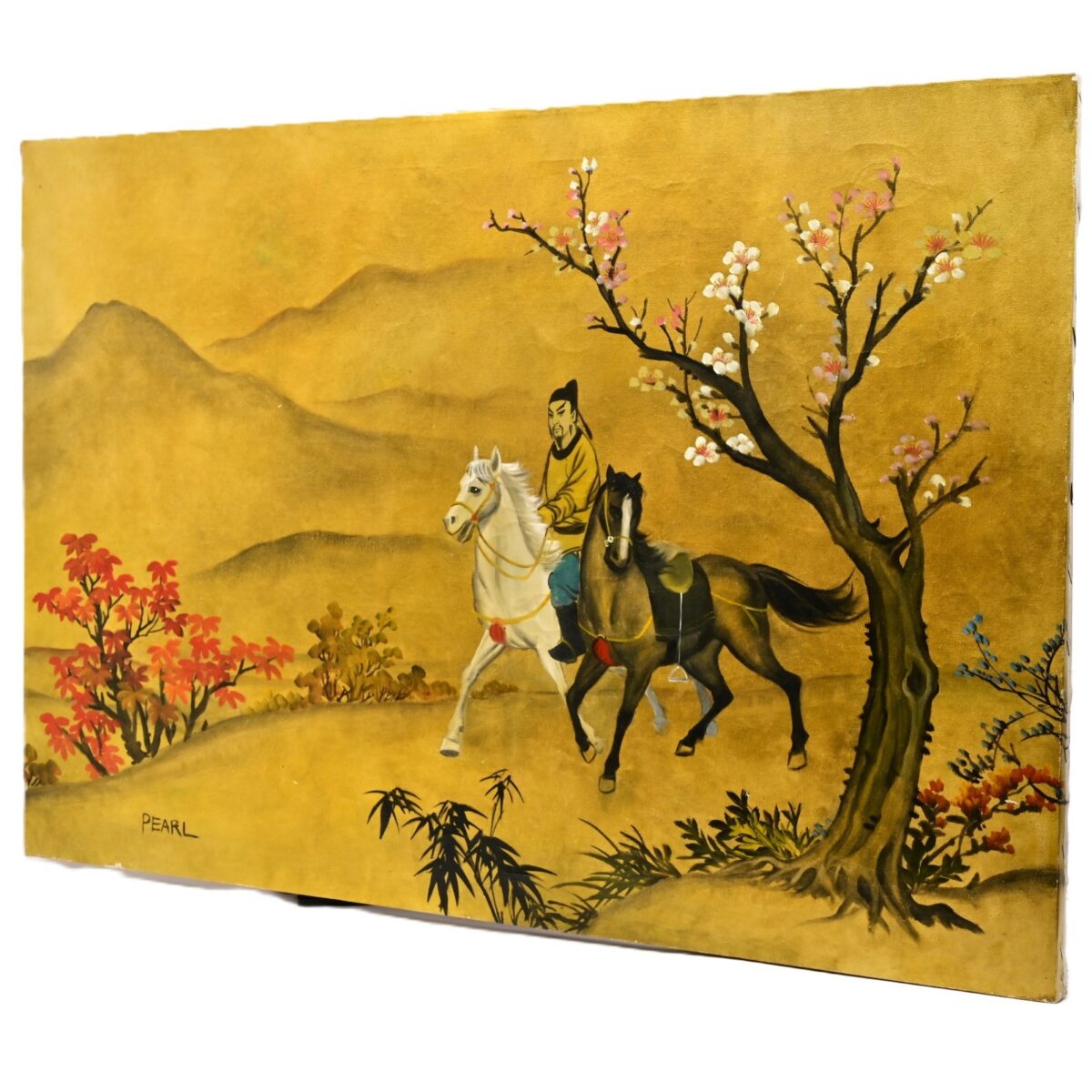 PEARL Original Vintage Signed Chinese Feng Shui Figure Horse Landscape Painting