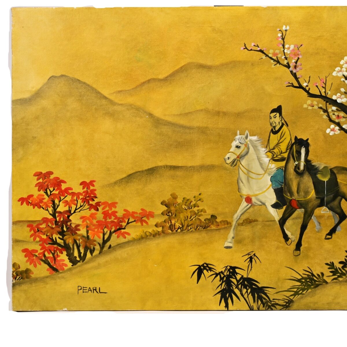 PEARL Original Vintage Signed Chinese Feng Shui Figure Horse Landscape Painting