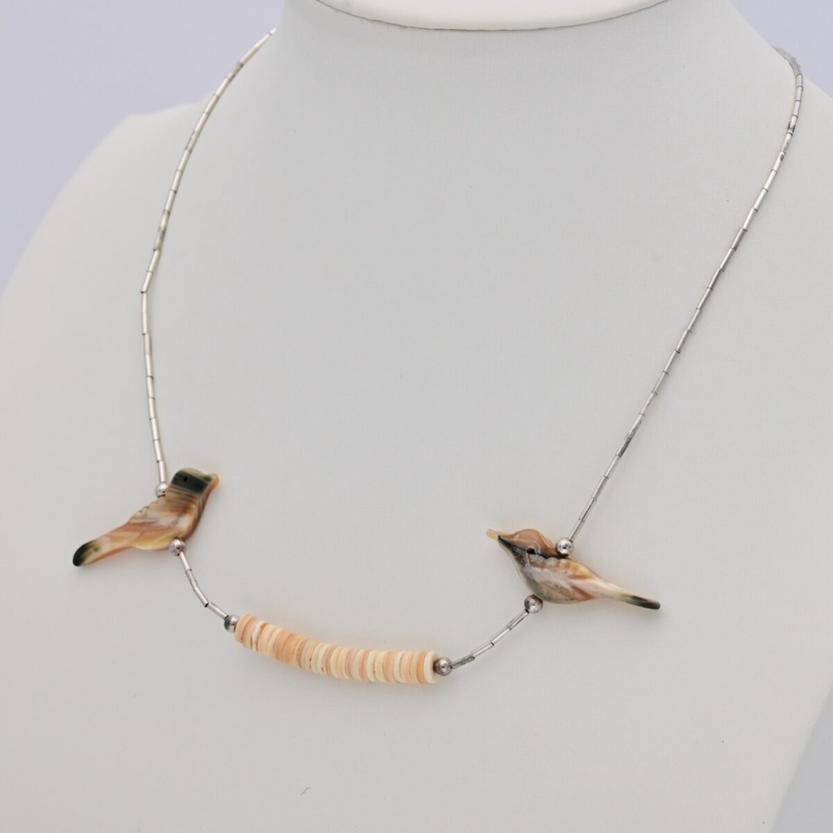 Vintage Original Native American Sterling Silver Mother of Pearl Bird Necklace