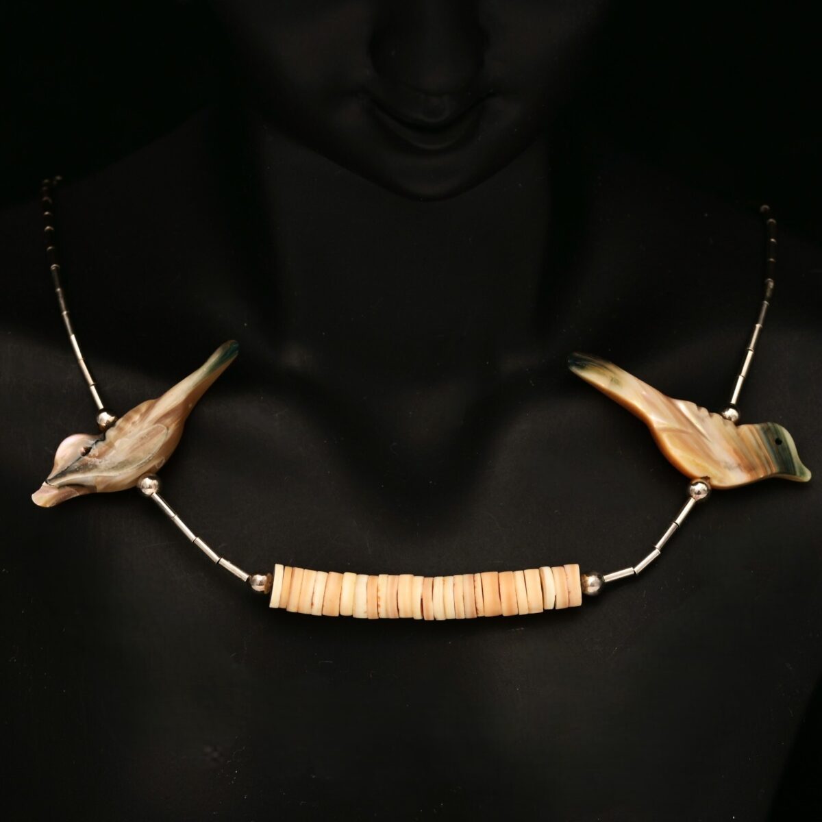 Vintage Original Native American Sterling Silver Mother of Pearl Bird Necklace