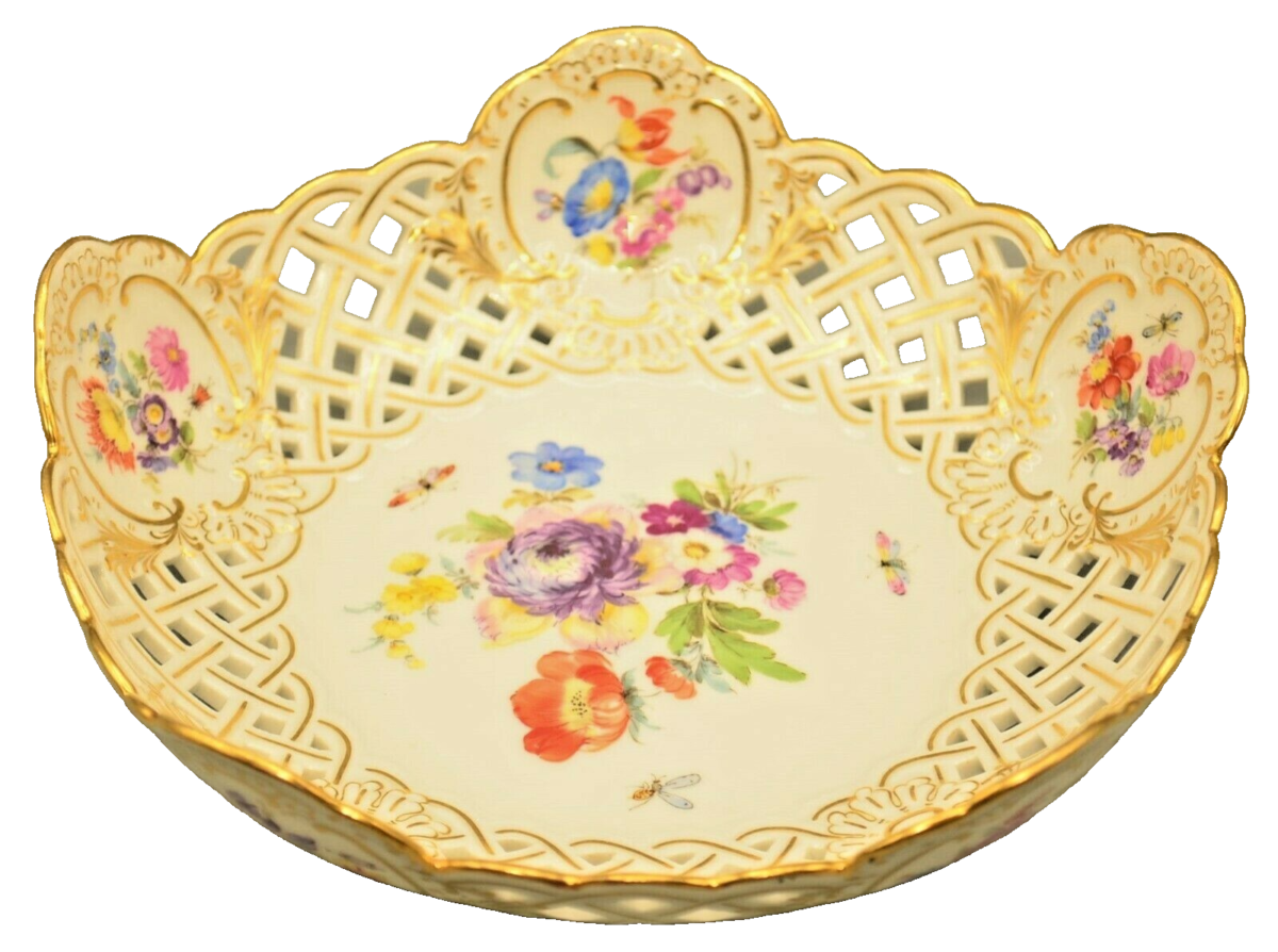 MEISSEN Antique Original Vintage Signed Hand Painted Reticulated Plate Dish Bowl