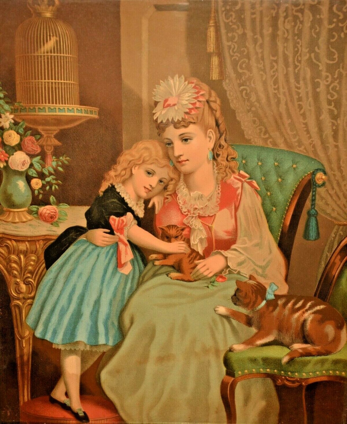 JOHN HENRY BUFFORD Original Antique Mother Daughter Interior Portrait Lithograph