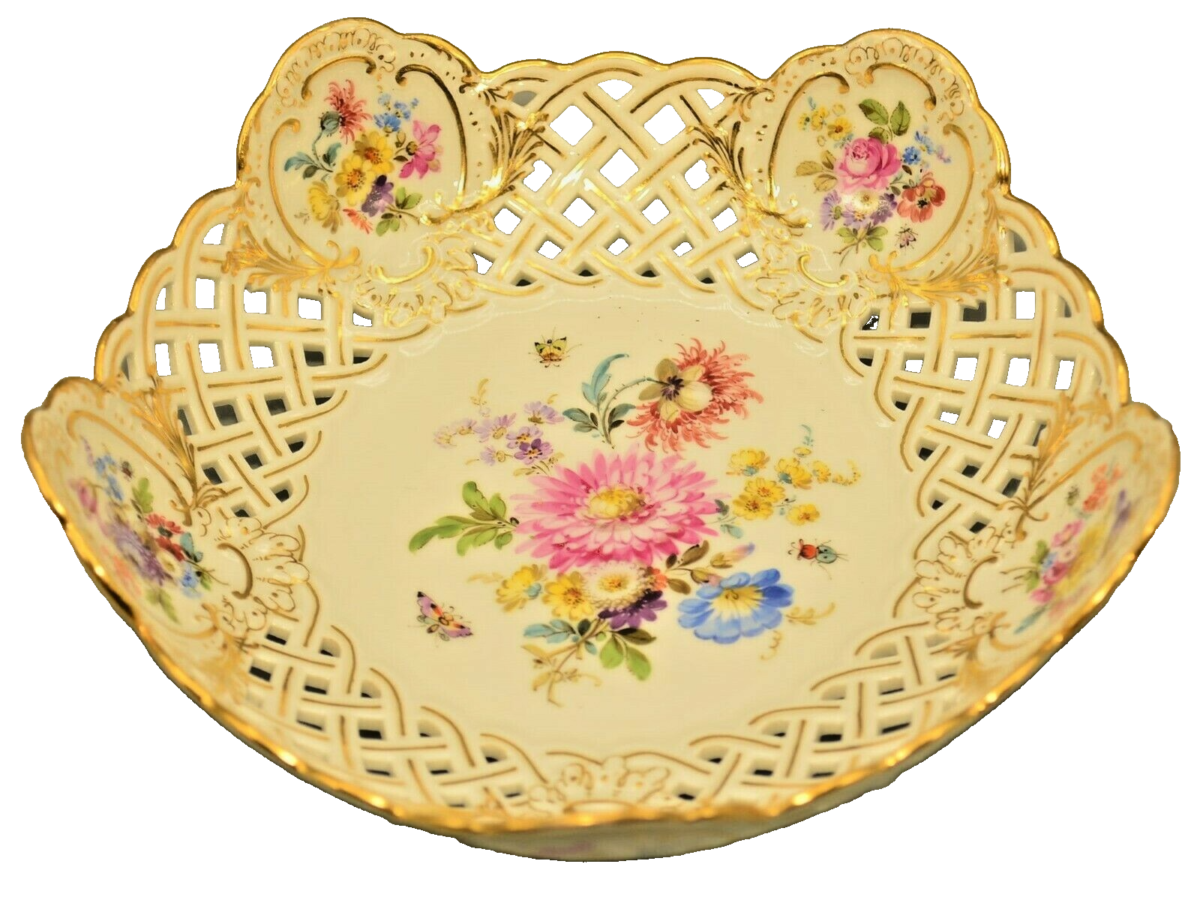 MEISSEN Antique Original Vintage Signed Hand Painted Reticulated Plate Dish Bowl