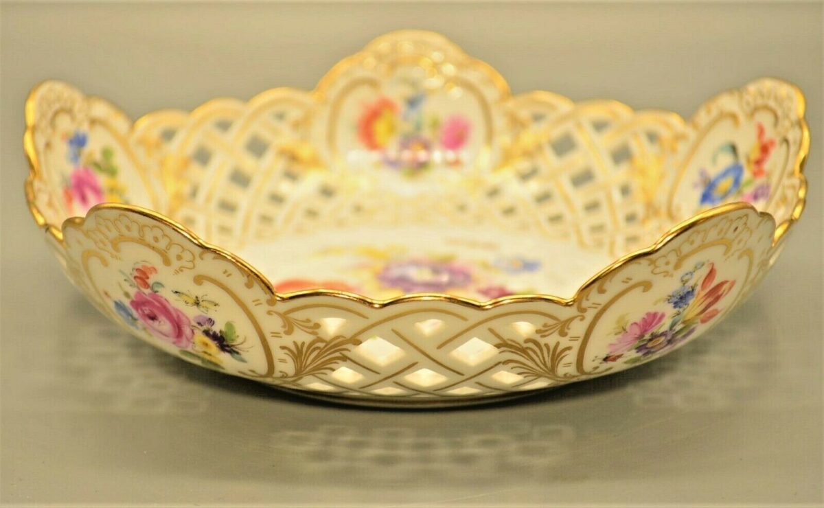 MEISSEN Antique Original Vintage Signed Hand Painted Reticulated Plate Dish Bowl