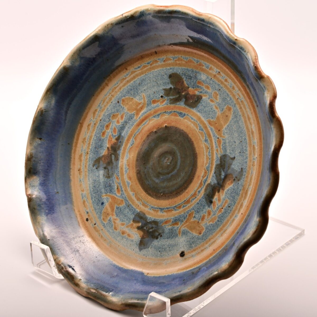 Original Vintage Artist Signed Studio Pottery Dish Ceramic Glazed Floral Plate