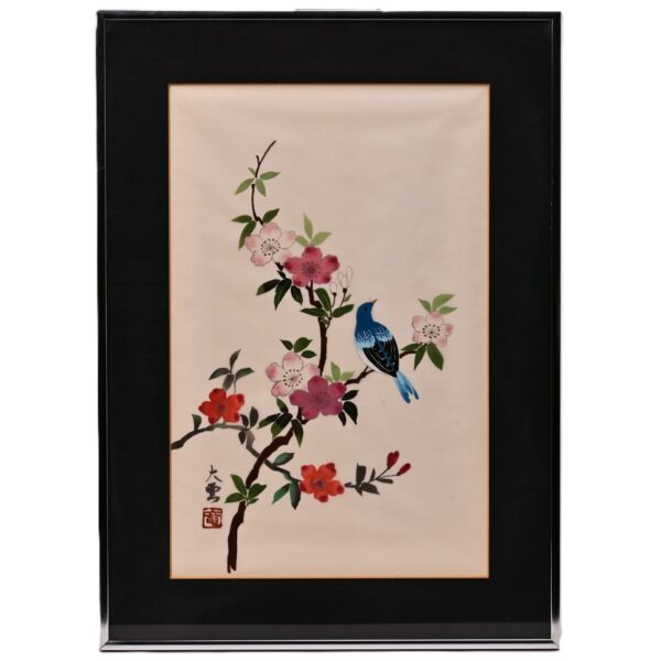 Antique Original Vintage Signed Asian Feng Shui Oriental Floral Bird Painting