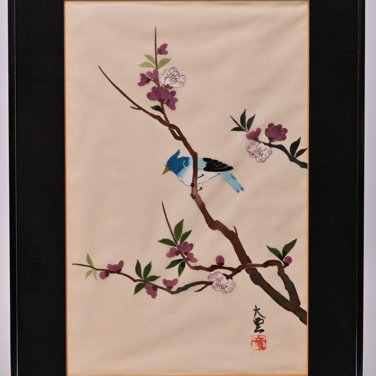 Antique Original Vintage Signed Oriental Feng Shui Asian Floral Bird Painting