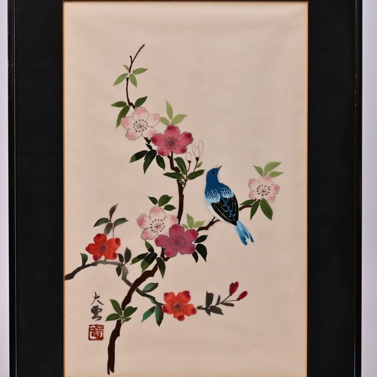 Antique Original Vintage Signed Asian Feng Shui Oriental Floral Bird Painting