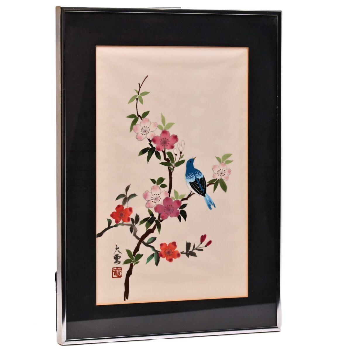 Antique Original Vintage Signed Asian Feng Shui Oriental Floral Bird Painting