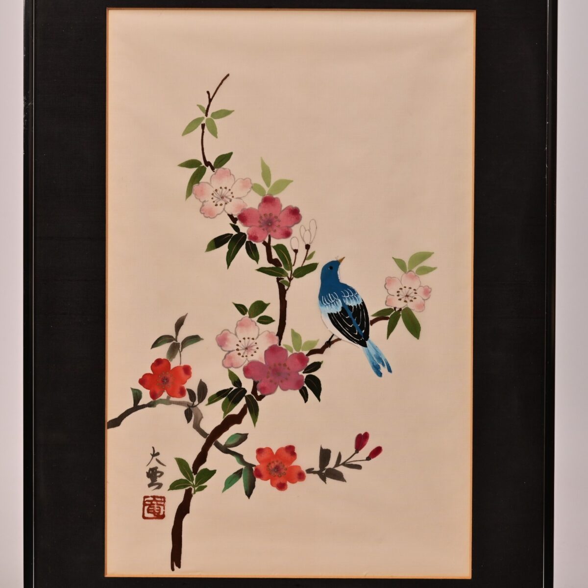 Antique Original Vintage Signed Asian Feng Shui Oriental Floral Bird Painting