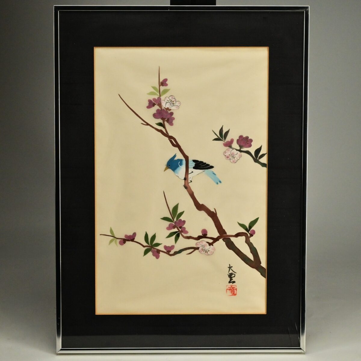 Antique Original Vintage Signed Oriental Feng Shui Asian Floral Bird Painting